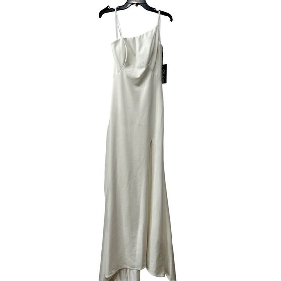 New La Femme Size 2 One-Shoulder Jersey Gown white 28176 *Stain* - Picture 2 of 12